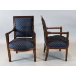 A pair of 19th century French Empire style fauteuils, with floral carved arm terminals, W. 2ft. H.