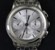 A gentleman's 2016 stainless steel Longines chronograph automatic wrist watch, the silvered dial