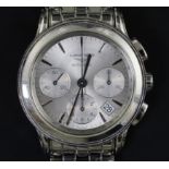 A gentleman's 2016 stainless steel Longines chronograph automatic wrist watch, the silvered dial