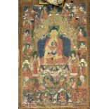 A thangka depicting Buddha Shakyamuni, Tibet, 18th/19th century, the central figure surrounded by