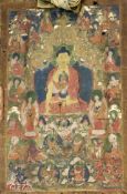 A thangka depicting Buddha Shakyamuni, Tibet, 18th/19th century, the central figure surrounded by