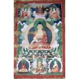 A thangka depicting Buddha Shakyamuni, Tibet, 19th century, the central figure surrounded by two