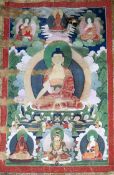 A thangka depicting Buddha Shakyamuni, Tibet, 19th century, the central figure surrounded by two