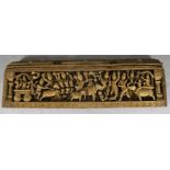 An Indian teak pediment, 19th century carved in high relief with a procession of Hindu deities