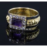 A George IV gold, black enamel, foil backed amethyst and rose cut diamond set mourning ring, with