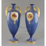 A pair of Royal Worcester two handled vases painted with panels of fruit by E. Townsend on a