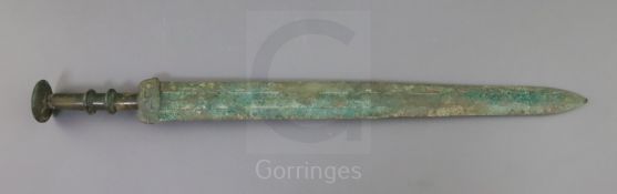 A Chinese bronze short sword, Han dynasty or later, with malachite encrustation to the blade and