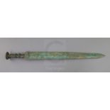 A Chinese bronze short sword, Han dynasty or later, with malachite encrustation to the blade and