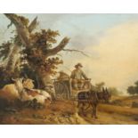 Benjamin Zobel (1762-1831)oil on wooden panelDonkey cart on a lane with tethered goats