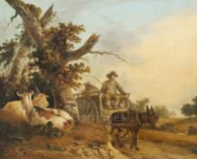 Benjamin Zobel (1762-1831)oil on wooden panelDonkey cart on a lane with tethered goats