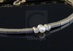 A mid 20th century 14ct gold, diamond and cultured pearl three stone set bracelet,