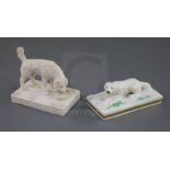 Two Rockingham porcelain figures of a setters, c.1830, the first recumbent on a rectangular base