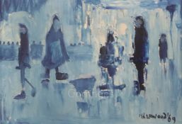 James Lawrence Isherwood (1917-1988)oil on boardStudy in blue of figures on a streetsigned and dated