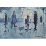 James Lawrence Isherwood (1917-1988)oil on boardStudy in blue of figures on a streetsigned and dated