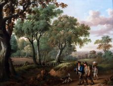 Attributed to Charles Towne (1781-1854)oil on panelFigures and a dog walking on a country track7.