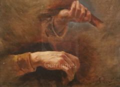 Pre Raphaelite Schooloil on canvas boardStudy of a violinist's handsindistinctly signed5.25 x 7.