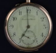 An engine turned 14ct gold International Watch Co open face keyless pocket watch, with Arabic dial