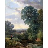 Attributed to David Cox (1783-1859)oil on wooden panelFigure fishing a river near a bridge,bears