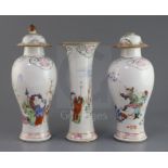 A garniture of three Chinese famille rose 'eighteen luohan' vases, Qianlong period, each vase