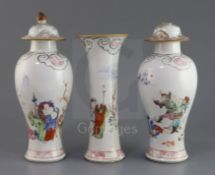 A garniture of three Chinese famille rose 'eighteen luohan' vases, Qianlong period, each vase