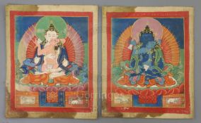 A pair of small thangka depicting Vajrasattva and Samantabhadra with their consorts, Tibet, late