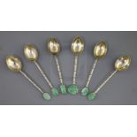 Six Chinese export silver and jadeite mounted teaspoons, early 20th century, the terminals mounted