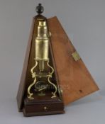 An early 19th century English brass Culpepper-type microscope, the mahogany base with single