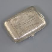 A late 19th century Russian 84 zolotnik small silver cigarette case with 'banknote' decoration in