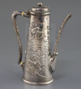 A late 19th century Tiffany & Co sterling silver bachelor's coffee pot, of tapering cylindrical