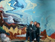 § Jamie Muirmixed media on canvas'Photorealistic boys in an landscape' inscribed verso from His