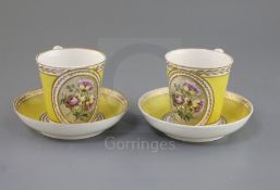 A pair of Derby Pinxton/Mansfield porcelain chocolate cups and saucers, c.1790-1800, painted with