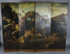 A Continental four fold dressing screen, painted with hounds attacking a wolf in a landscape,