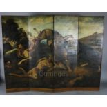 A Continental four fold dressing screen, painted with hounds attacking a wolf in a landscape,