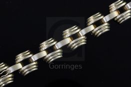 A stylish mid 20th century Hungarian 14ct gold stepped domed link bracelet, 19.5cm.