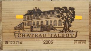 A case of twelve bottles of Chateau Talbot, Saint Julien, 2005, in unopened wooden case.