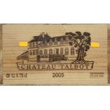 A case of twelve bottles of Chateau Talbot, Saint Julien, 2005, in unopened wooden case.