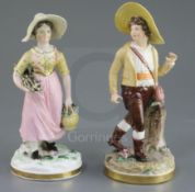 A matched pair of Rockingham porcelain figures of a Swiss boy and Swiss girl, c.1830, incised