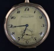 A 14ct gold International Watch Co. open face pocket keyless pocket watch, with Arabic dial and
