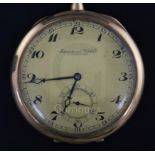 A 14ct gold International Watch Co. open face pocket keyless pocket watch, with Arabic dial and