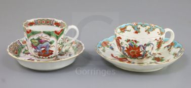 A Worcester 'Jabberwocky' cup and saucer and a 'Dragon in Compartments' coffee cup and saucer, c.