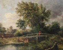 Norwich Schooloil on panelFigures on a wooden bridge in a landscape, a castle beyond14 x 17.25in.