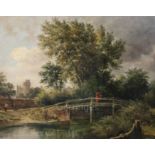 Norwich Schooloil on panelFigures on a wooden bridge in a landscape, a castle beyond14 x 17.25in.