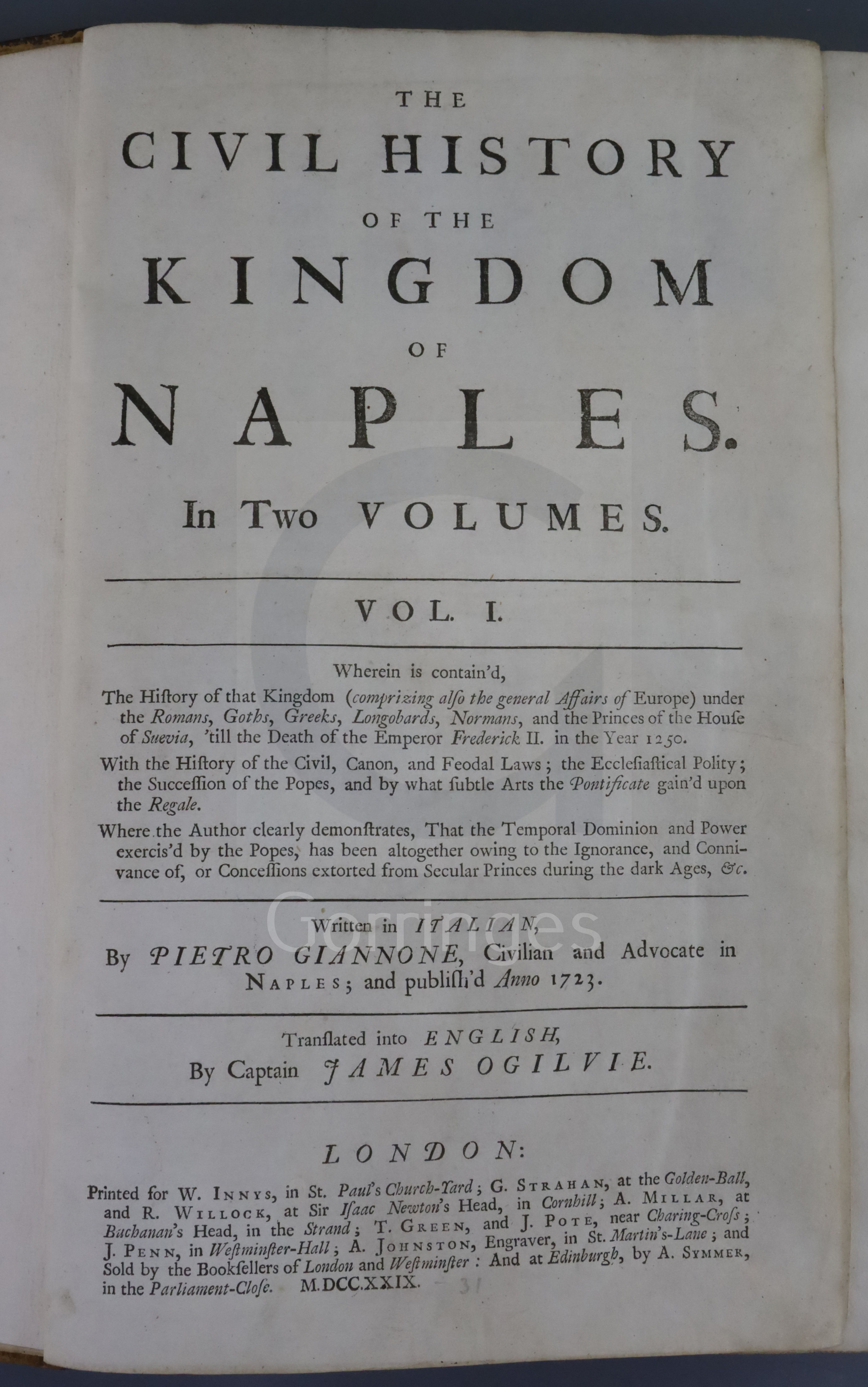 Giannone, Pietro - The Civil History of the Kingdom of Naples, translated into English by Captain