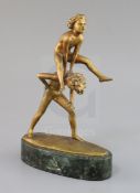 Professor Otto Poertzel. A bronze group of two boys playing leapfrog, signed, on green marble