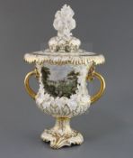 A fine Rockingham porcelain pot pourri vase and cover, c.1830-42, finely painted with a titled