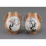 A pair of Chinese faux wood famille rose vases, hu, Qianlong mark, Republic period, each finely