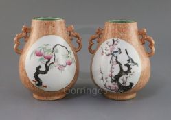 A pair of Chinese faux wood famille rose vases, hu, Qianlong mark, Republic period, each finely