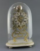 A Victorian gilt brass skeleton clock with single fusee movement striking on a bell, on marble