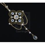 A late Victorian 15ct gold, aquamarine and seed pearl set drop pendant, on a 15ct gold fine link