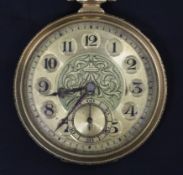 An early 20th century 14ct gold and black enamel Omega open face keyless dress pocket watch, with